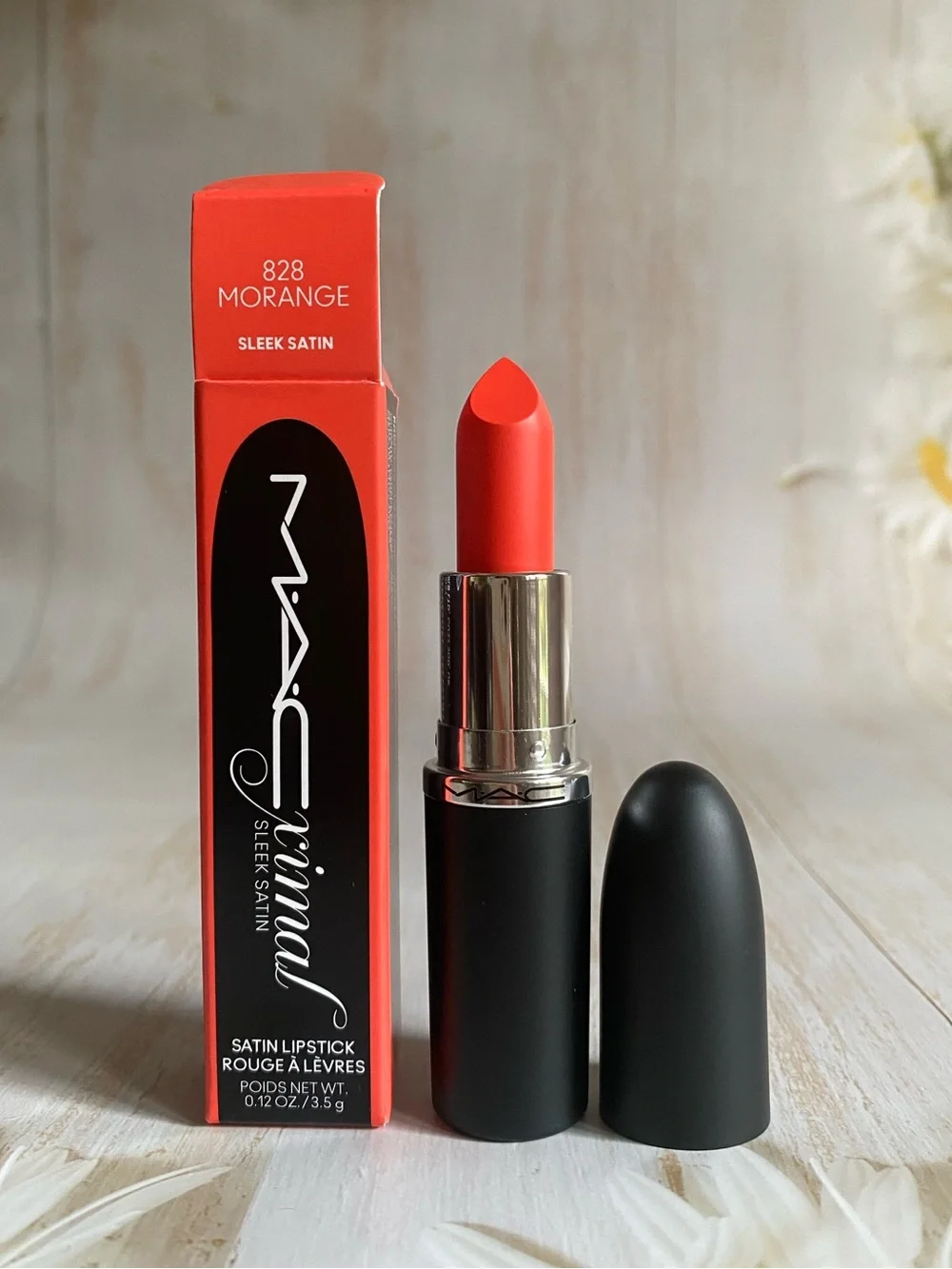 Mac MacXimal Sleek Satin Lipstick #828 MORANGE Full Size 0.12iz/3.5g NIB